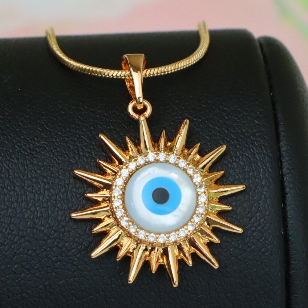 "Rose Gold Sunburst Evil Eye Pendant with CZ for Protection & Style, XPPT1532